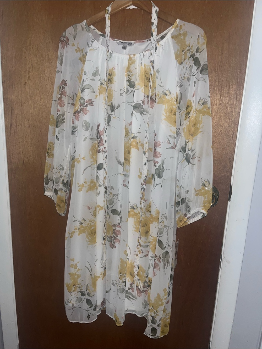 Studio I White Floral Long-Sleeve Tie-Neck Dress with Yellow & Green Print